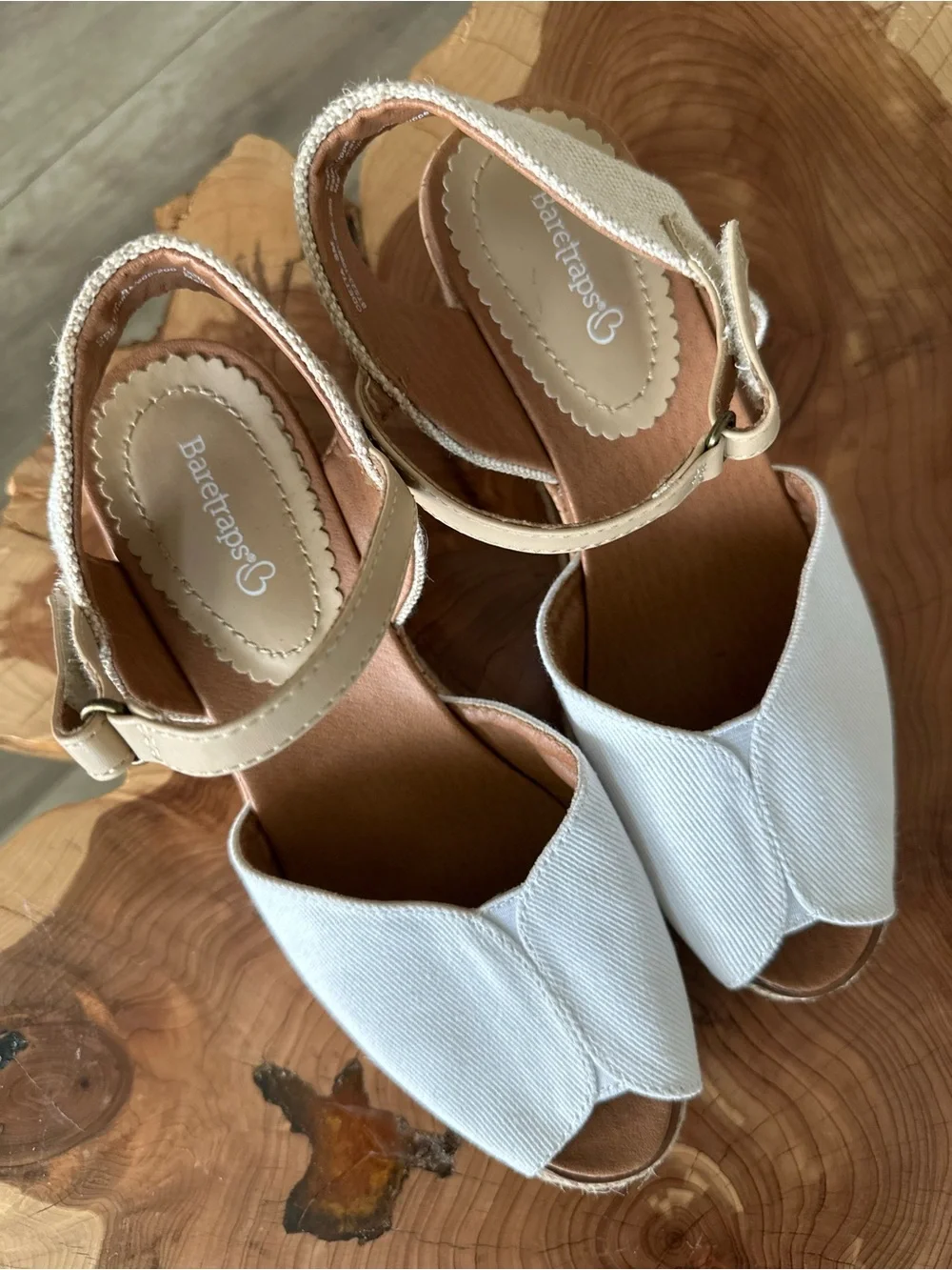 BareTraps White and Beige Espadrille Wedge Sandals